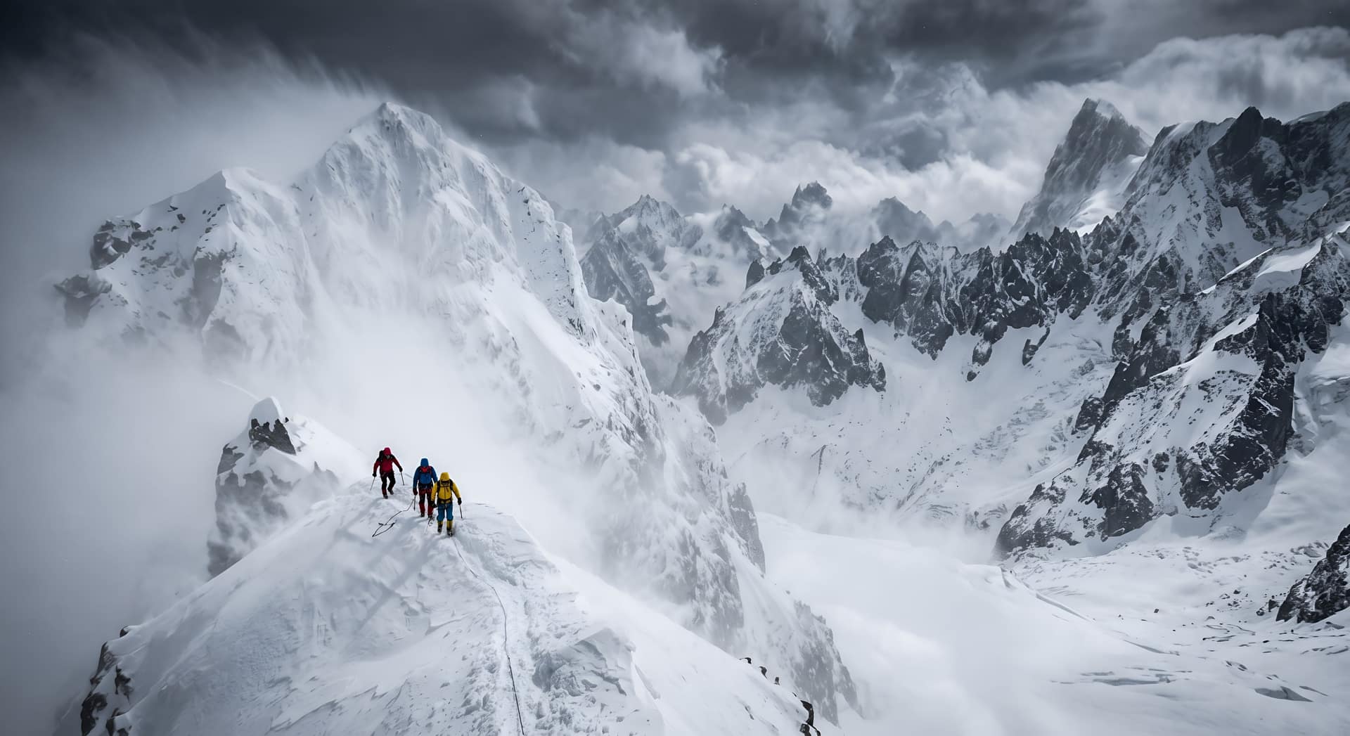 A rope team of three climbers crossing a snow ridge under storm light, jagged peaks behind them.